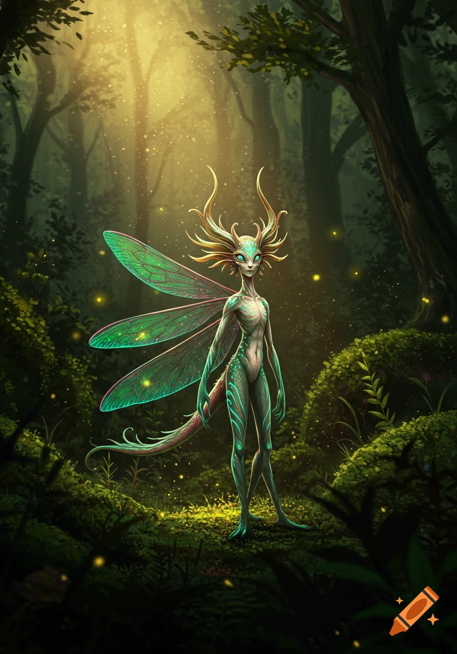 A glowing, bug-like fantasy creature with deer antlers and green dragonfly wings stands in a magical, sun-dappled forest.