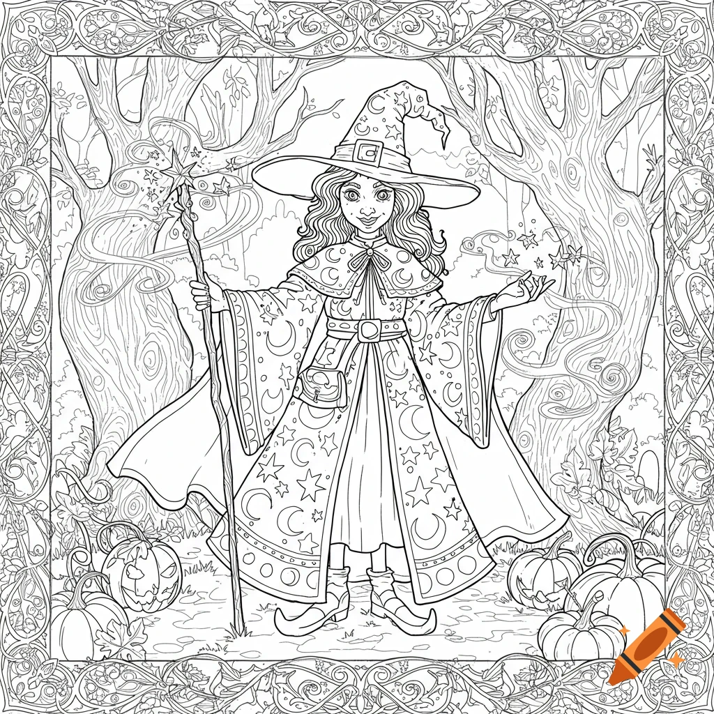 Black and white coloring book page of a witch in a forest, holding a staff and casting a spell, with pumpkins and a decorative border.