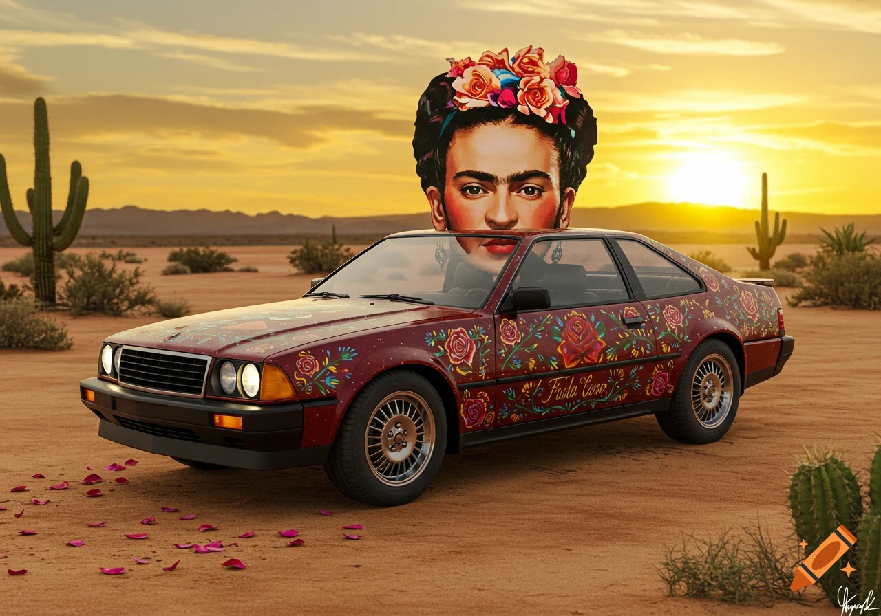 Photorealistic burgundy car with floral patterns, Frida Kahlo's head wearing a flower crown, in a desert at sunset.
