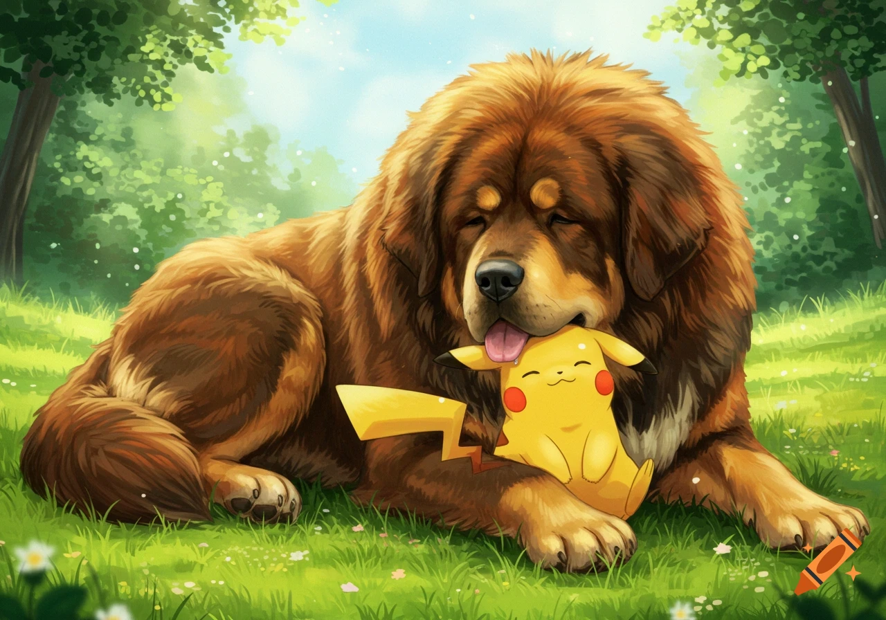 A large, fluffy brown Tibetan Mastiff lies in a grassy field, affectionately licking a smiling yellow Pikachu it holds.