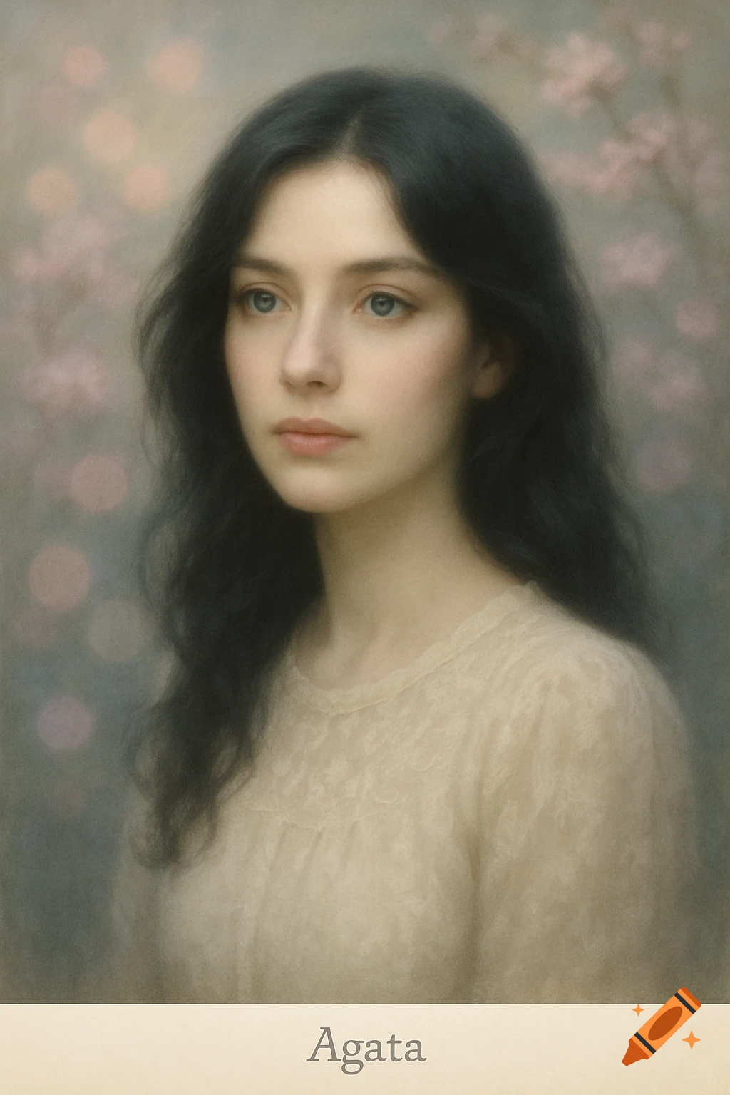 A soft, painterly portrait of a young woman named Agata with long dark wavy hair and blue eyes, against a bokeh background.
