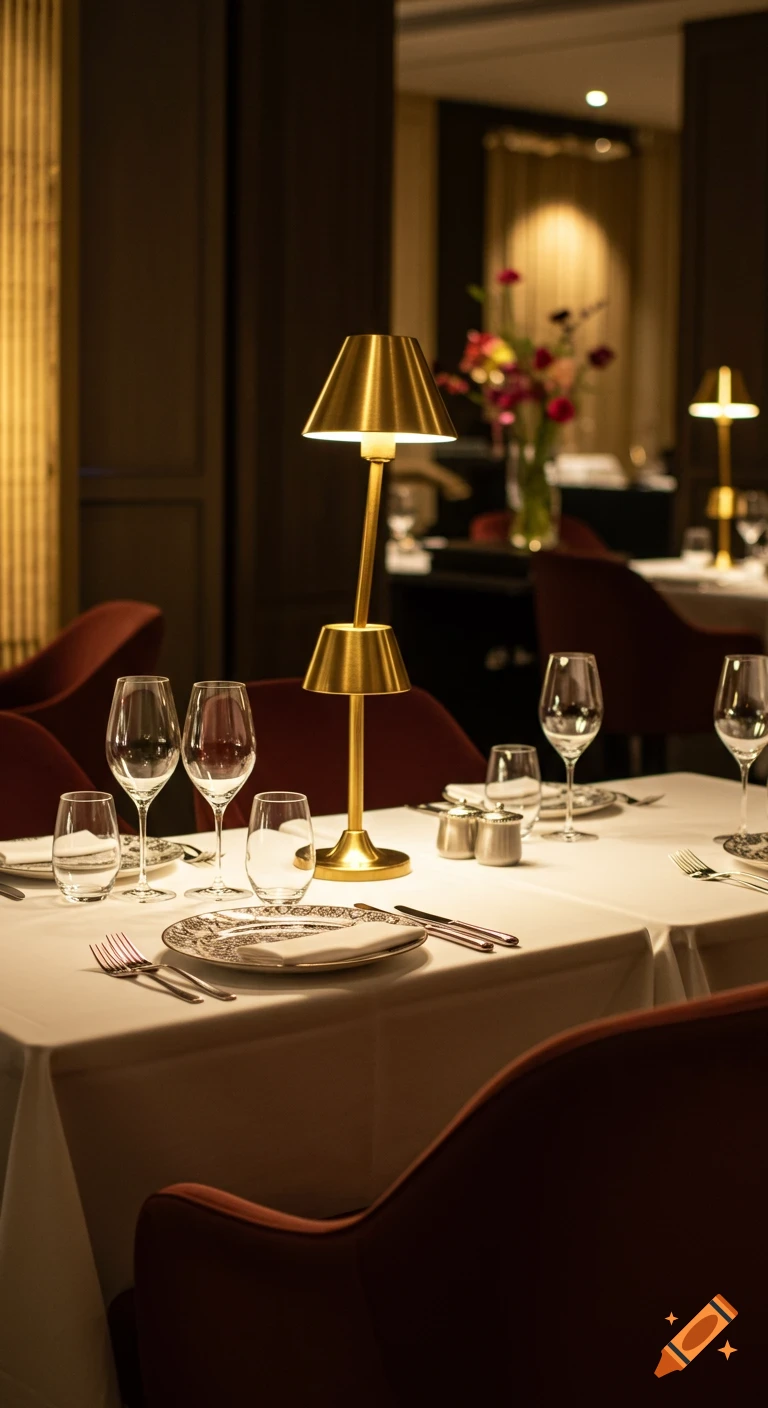 An elegantly set table in a dimly lit, luxurious restaurant with a white tablecloth, golden lamps, wine glasses, plates, and red chairs.