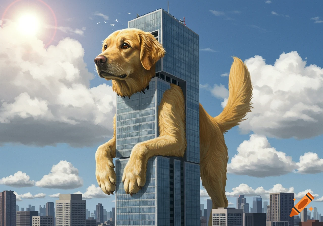A giant golden retriever's head, paws, and tail are sticking out of a skyscraper in a city, looking into the bright sky.