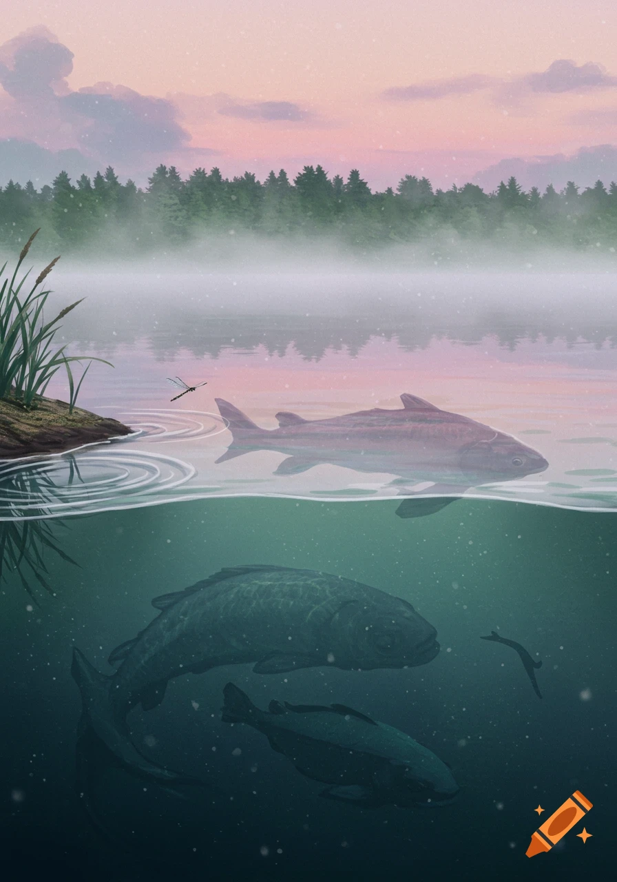 Illustration of a misty lake at dusk, showing a forest and dragonfly above water, and large fish swimming below.