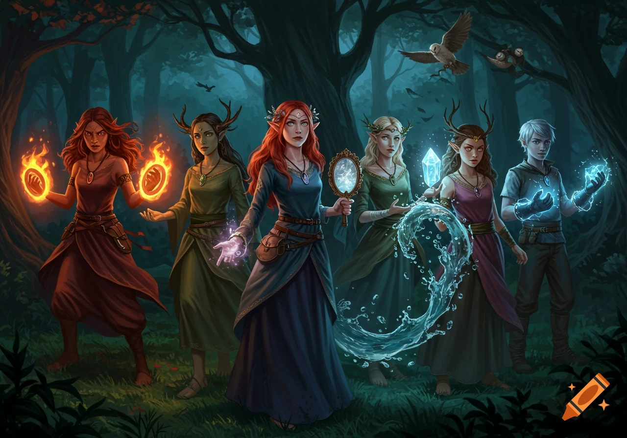 Six young, magical characters, five women and one boy, stand in a dark, mystical forest with glowing elemental powers and magical items.