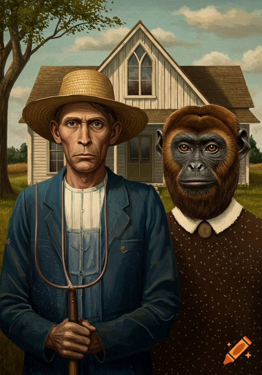 A man and a howler monkey dressed in period clothing stand in front of a farmhouse, parodying American Gothic.