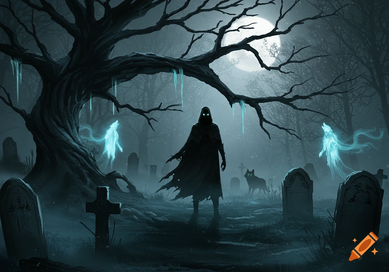 A dark fantasy scene of a hooded figure, two glowing ghosts, and a wolf in a misty graveyard under a full moon and gnarled trees.