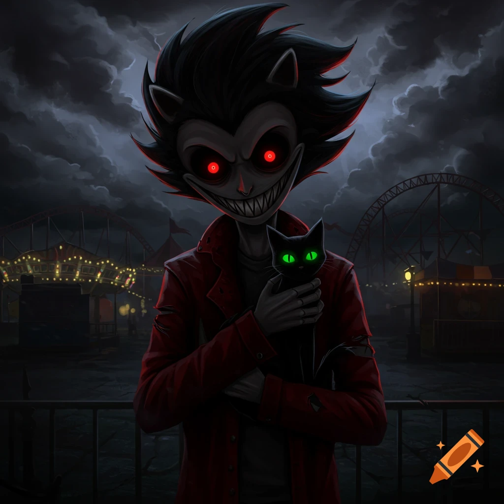 Evil-looking monster with red eyes and sharp teeth holds a black cat with green eyes in a dark, creepy amusement park.