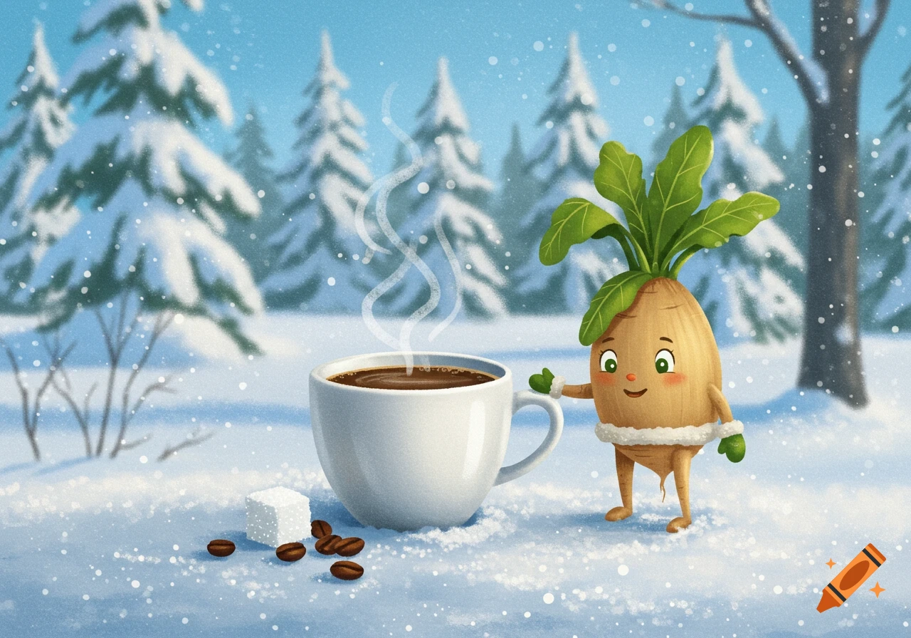 Cute root vegetable character next to a steaming coffee cup, coffee beans, and sugar cube in a snowy winter forest illustration.