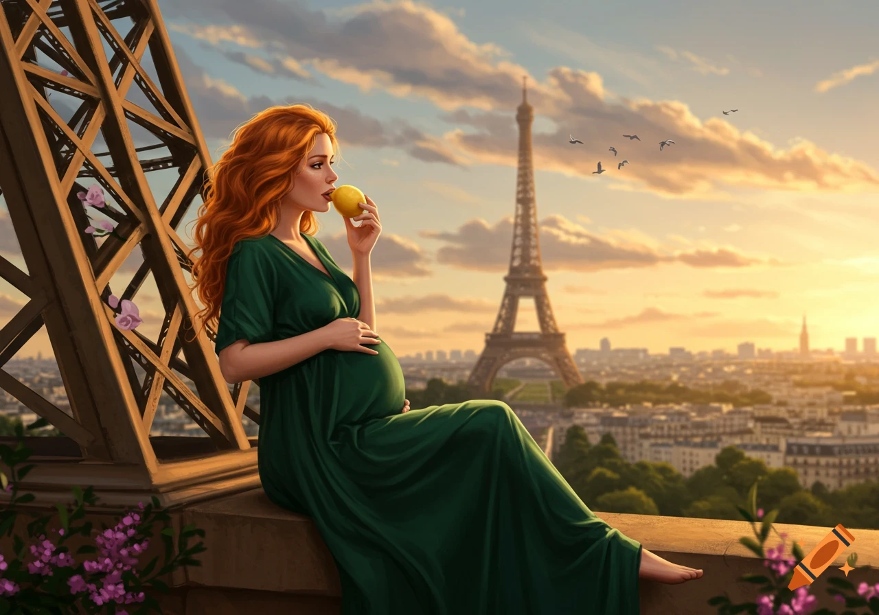Pregnant woman with ginger hair in green dress eats a lemon on a Parisian balcony overlooking the Eiffel Tower at sunset. Digital art.