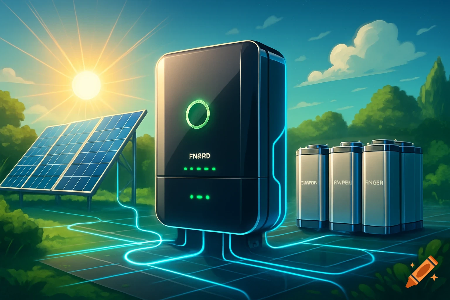 A stylized cartoon image of a solar panel, a large black inverter, and several silver batteries connected by glowing blue lines in a green outdoor landscape under a bright sun.