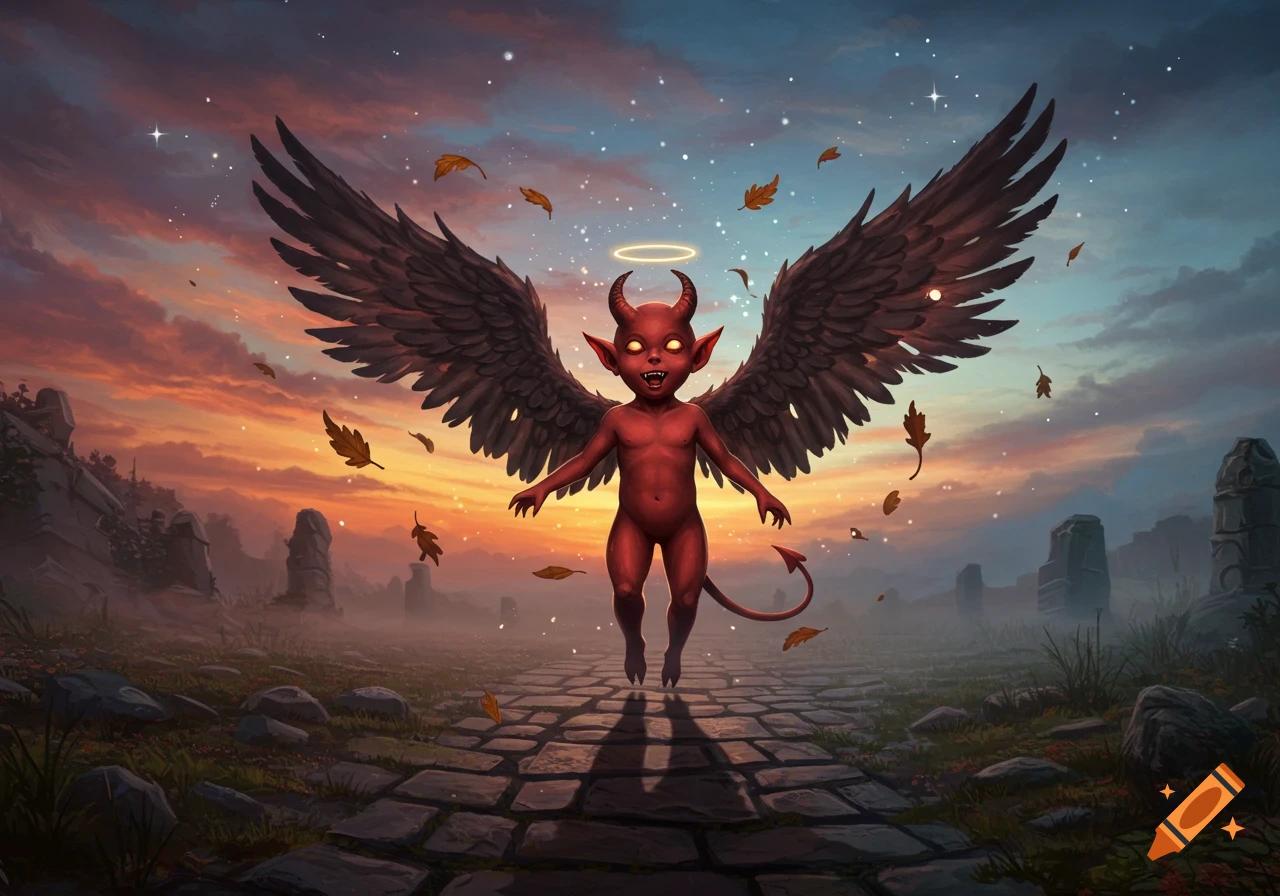 A red imp with large dark wings, horns, and a halo floats over a stone path at sunset with falling leaves.