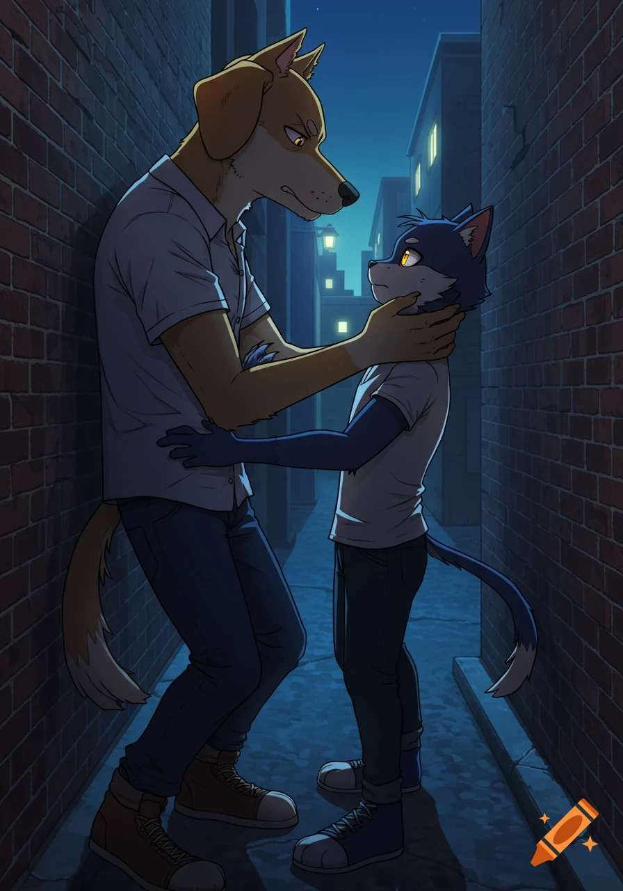 A large anthropomorphic dog pins a smaller anthropomorphic cat against a brick wall in a dark alley at night, their faces close in a tense moment, anime style.