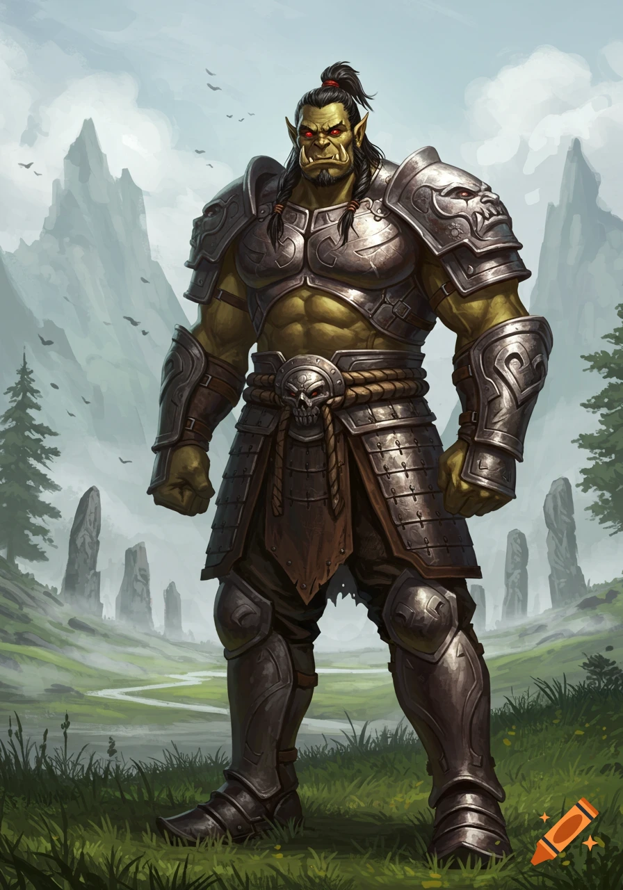 A muscular orc in metal armor, with red eyes and a topknot, stands in a misty, mountainous fantasy landscape with standing stones.
