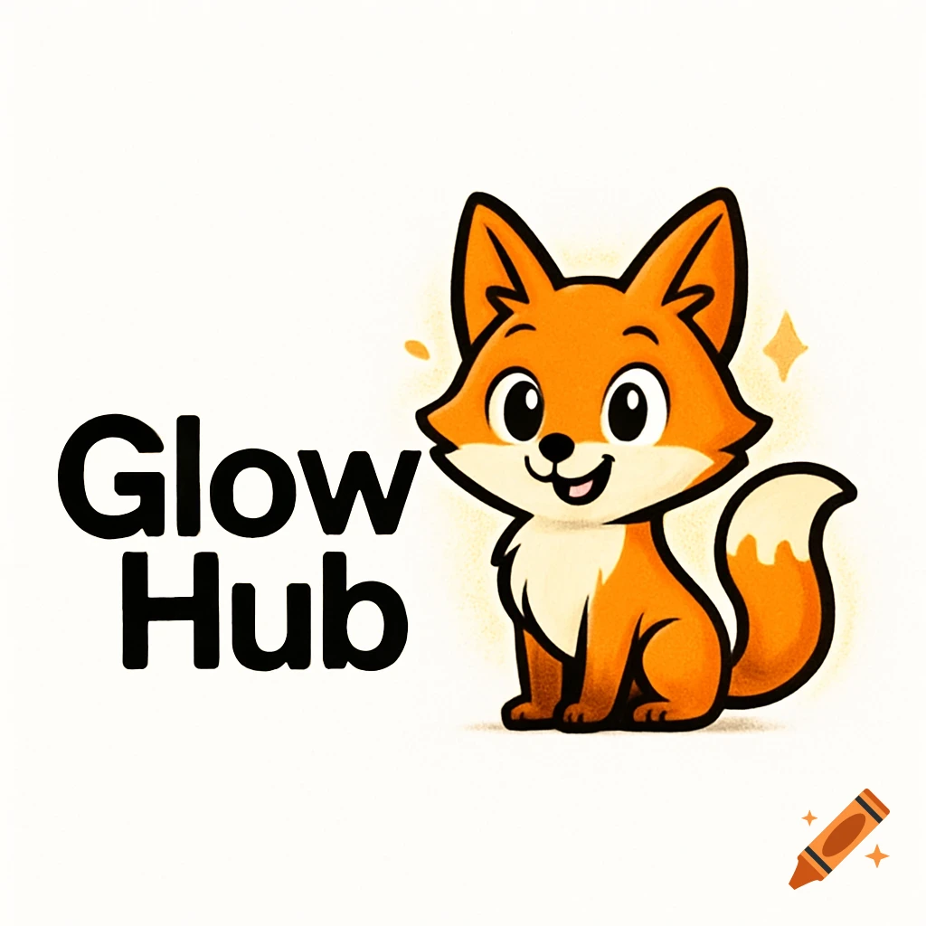 A cartoon logo with an orange fox sitting beside the black text 'Glow Hub' on a white background.