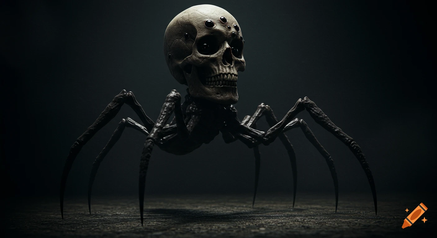 A surreal dark creature with a human skull for a head and eight spindly spider legs, dramatically lit on a dark ground.