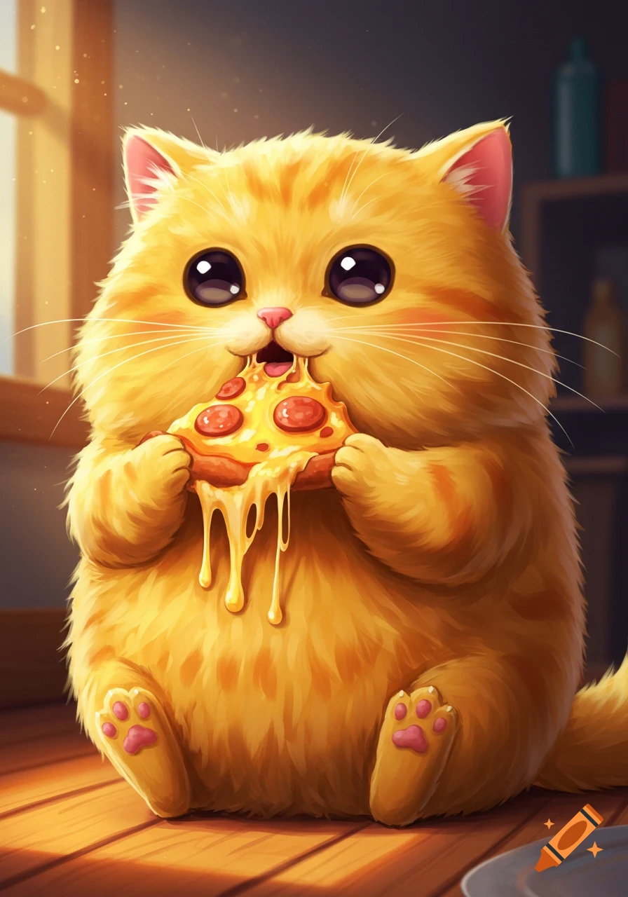 A cute, fluffy orange cat with big eyes happily eats a slice of pepperoni pizza with dripping cheese in a vibrant cartoon style.