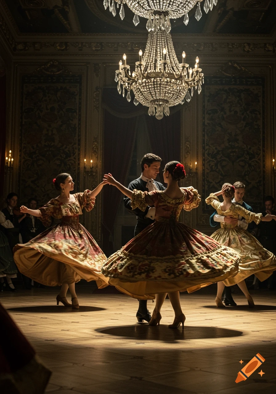 Couples in elaborate historical dresses dance gracefully in a grand, dimly lit ballroom under a crystal chandelier.