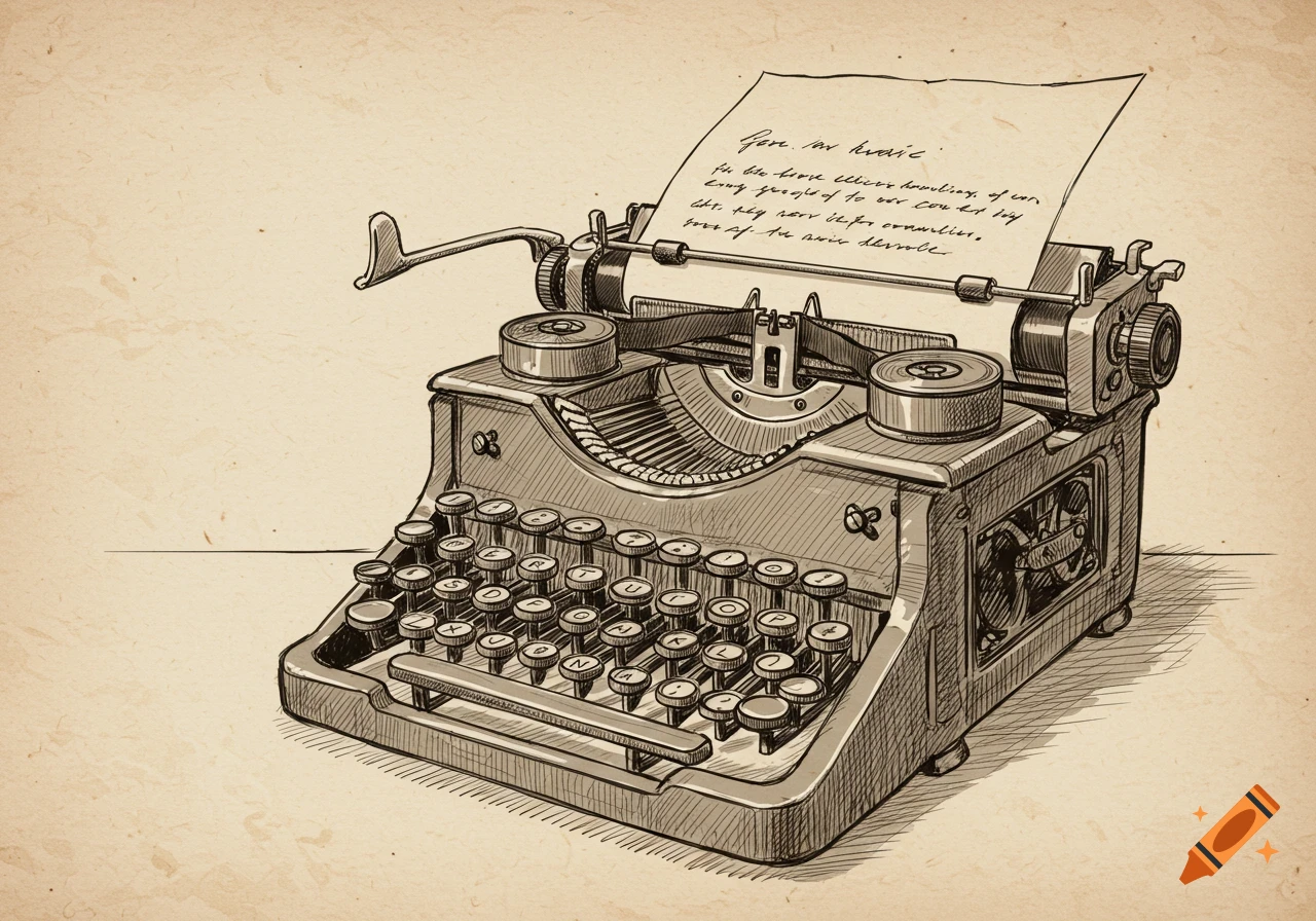A vintage sketch of a typewriter with illegible handwritten text on a piece of paper.