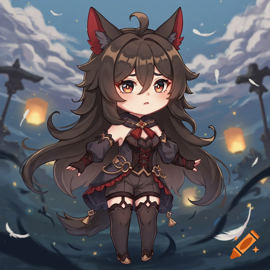 Chibi anime character with brown hair, animal ears, and tail in a dark outfit, standing at night with floating lanterns and feathers.