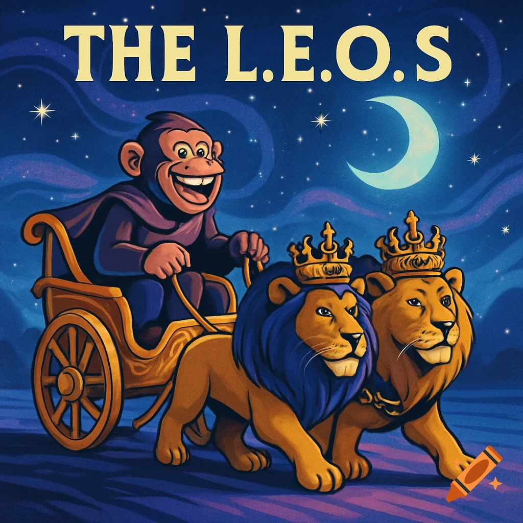 Cartoon ape in a chariot pulled by two crowned lions under a starry night sky with a crescent moon. Text 'THE L.E.O.S.'