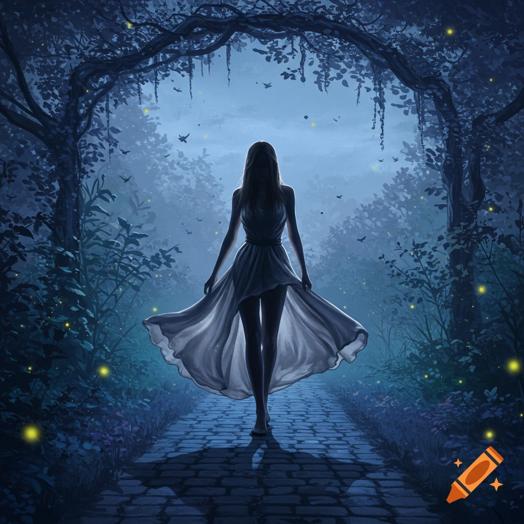 A woman in a flowing dress walks on a moonlit path through a dark, ethereal forest archway with glowing fireflies.