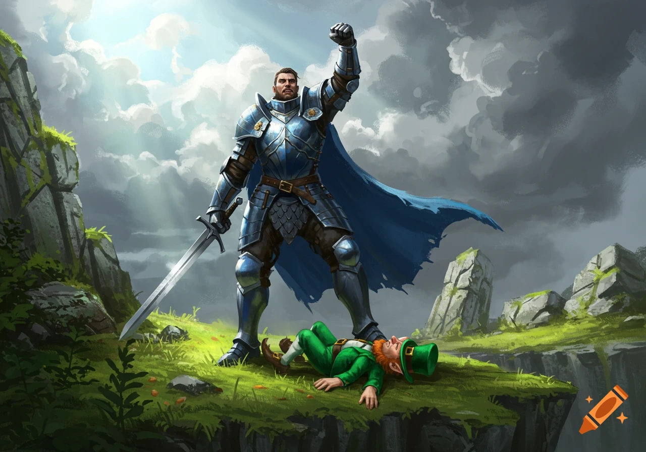 A triumphant knight in blue armor stands over a defeated leprechaun on a grassy cliff. Digital painting.