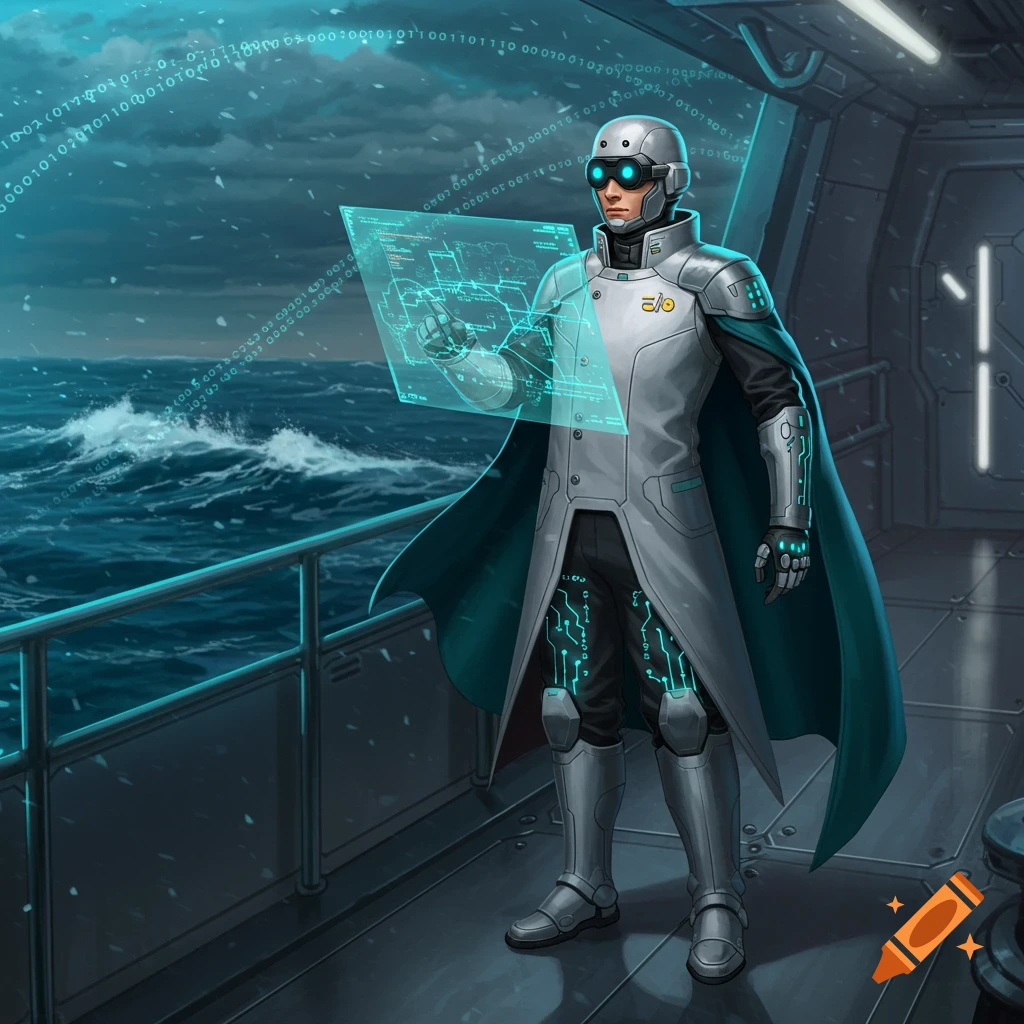 A futuristic cyborg captain in a white coat and teal cape stands on a ship deck, interacting with a holographic screen, with binary code in the background.