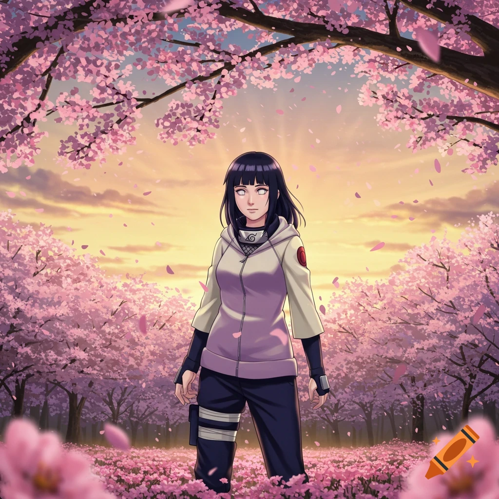 A dark-haired anime girl with pale eyes stands in a field of pink cherry blossoms under a glowing sunset sky.