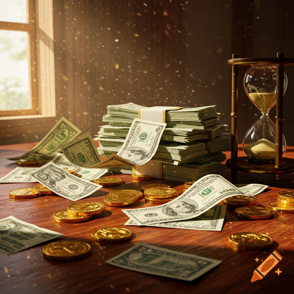 Stacks of money, scattered dollar bills, and gold coins on a wooden table next to an hourglass, bathed in sunlight from a window.
