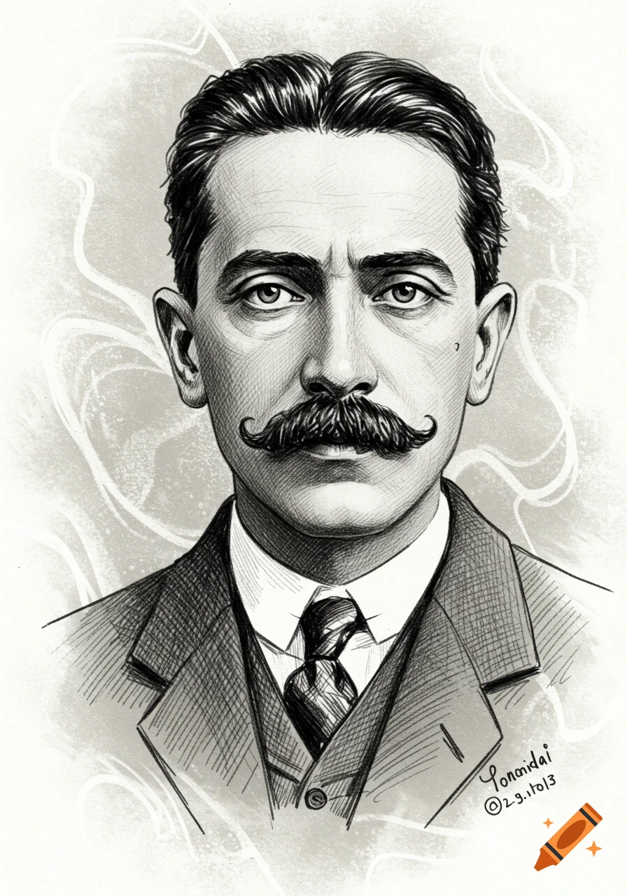 Black-and-white sketch portrait of a man with a mustache and dark hair, wearing a suit and tie, looking directly forward.