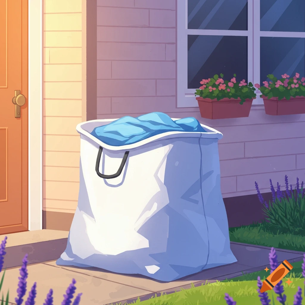 A large white laundry bag filled with blue clothes sits on a pathway in front of a house with windows and flowers in an illustration.