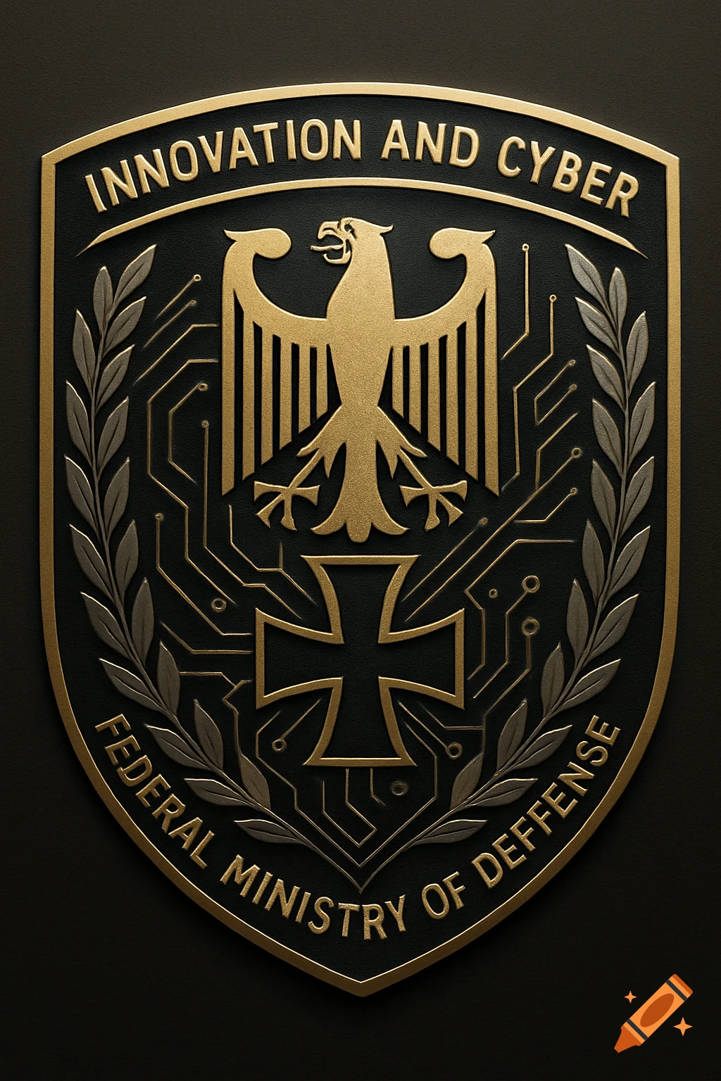 A gold and black military-style crest featuring a German eagle, an Iron Cross, circuit patterns, and the text 'INNOVATION AND CYBER FEDERAL MINISTRY OF DEFENSE'.