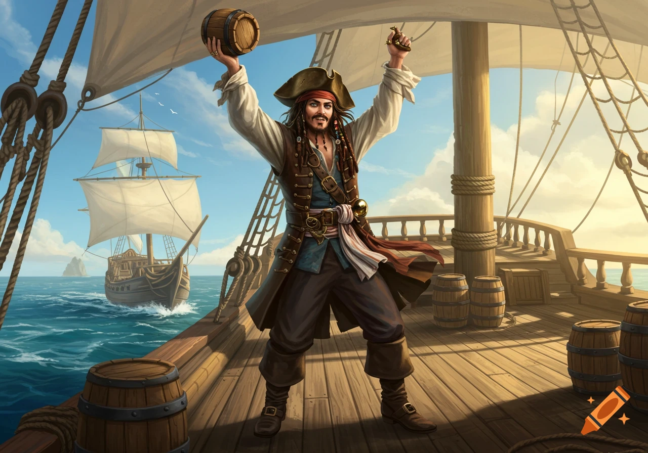 A smiling pirate resembling Jack Sparrow stands on a wooden ship deck, holding a small barrel overhead. Another sailing ship is in the background.