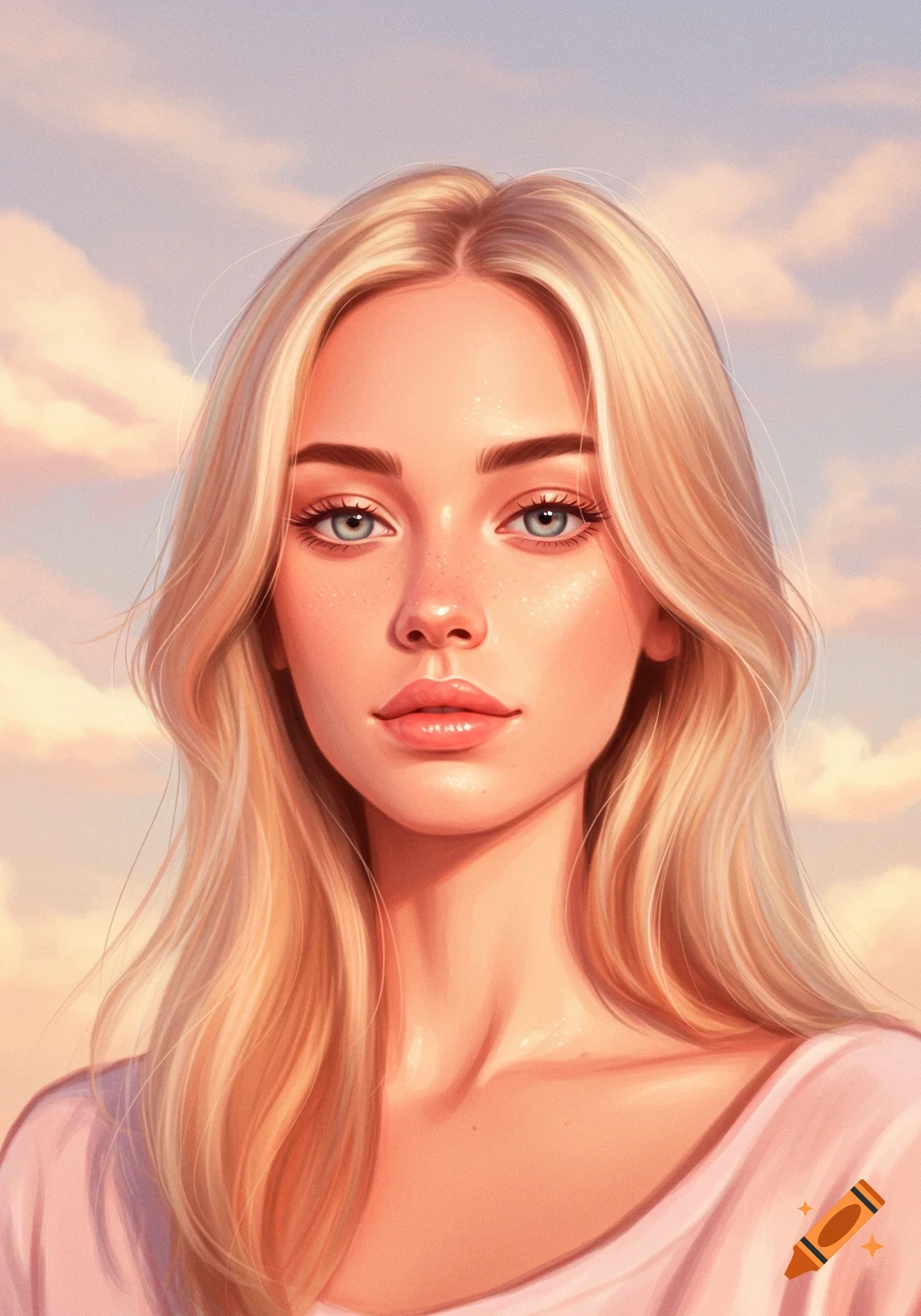 Digital portrait of a blonde woman with blue eyes, soft features, and fair skin, against a cloudy sky.
