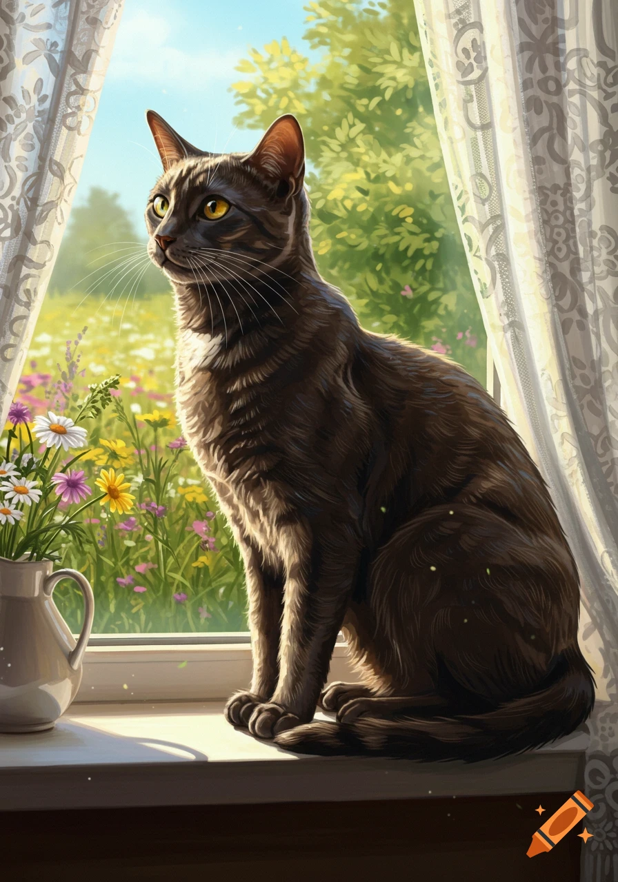 A dark brown cat with yellow eyes sits on a sunlit windowsill, looking out at a vibrant field of colorful wildflowers.