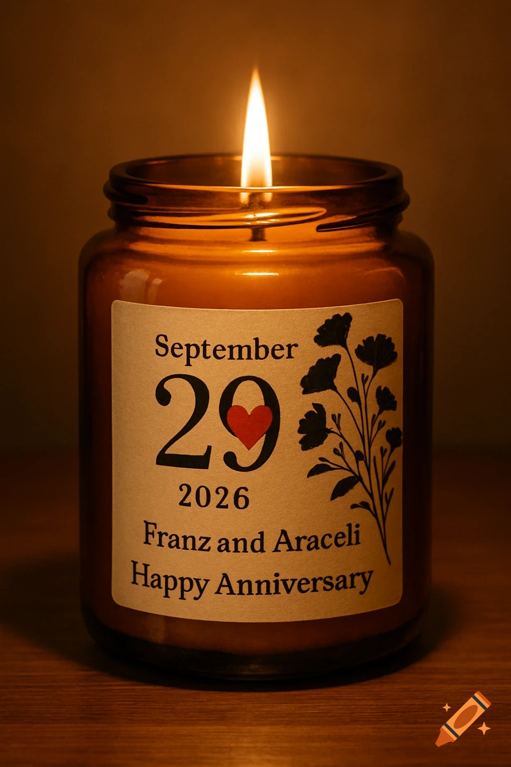 A lit amber candle jar with a beige label. The label reads 'September 29 2026' with a red heart, 'Franz and Araceli', and 'Happy Anniversary', next to black flowers.