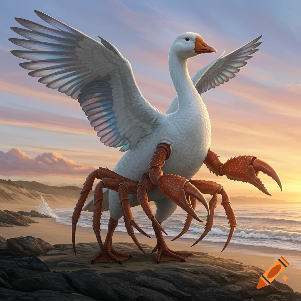 A photorealistic goose with crab legs and claws stands on a rocky beach with waves, under a sunset sky.