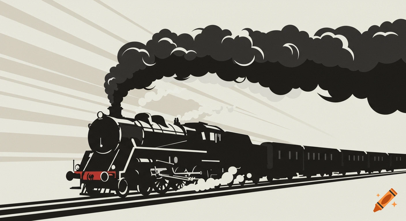 A stylized black silhouette of a speeding steam train billowing thick smoke, on tracks with a light background.