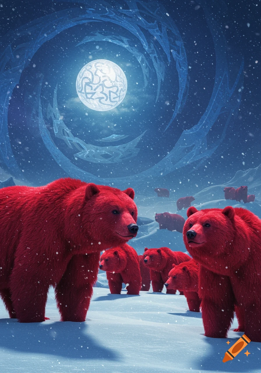 Fantastical image of red bears in a snowy landscape under a large, patterned full moon.