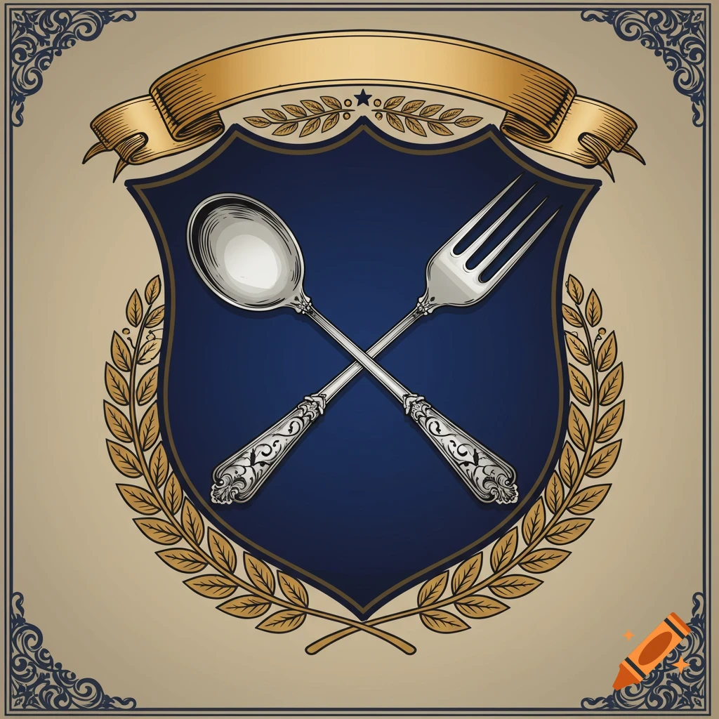 Vintage-style emblem with a silver spoon and fork crossed over a blue shield, framed by a golden laurel wreath and banner.
