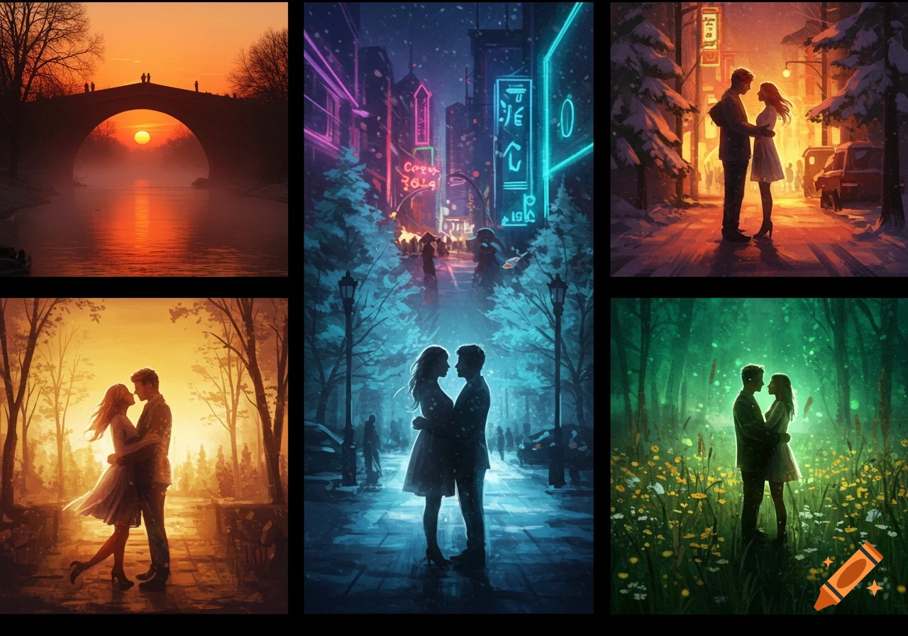 Six vibrant illustrations of couples embracing in diverse, ethereal settings, including a sunset bridge, a neon city, a snowy street, and a glowing forest.