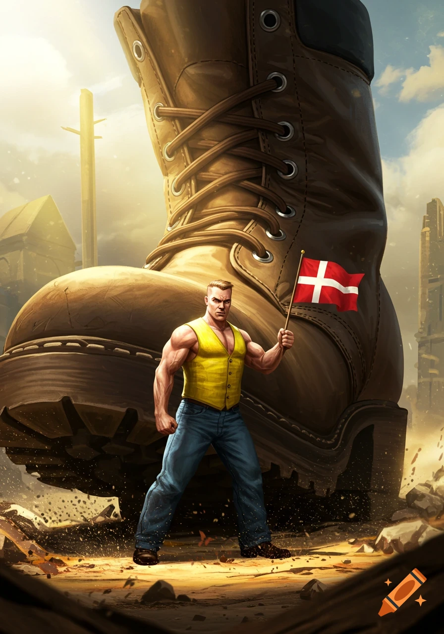 A muscular man in a yellow vest and jeans holds a Danish flag in front of a colossal brown boot crushing the ground, in an illustrated style.