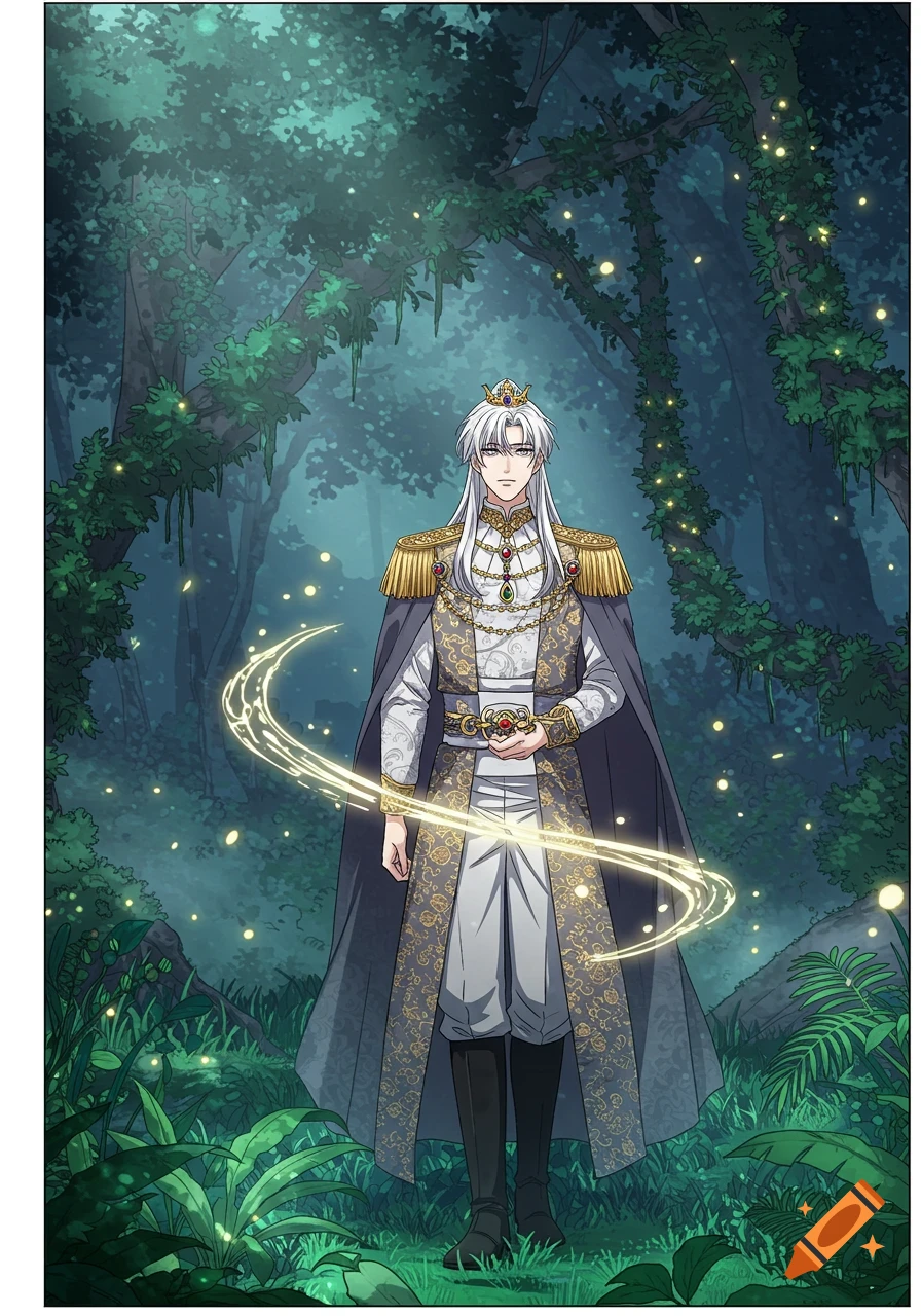 Anime-style illustration of a silver-haired man in royal attire with a glowing aura, standing in a magical forest.