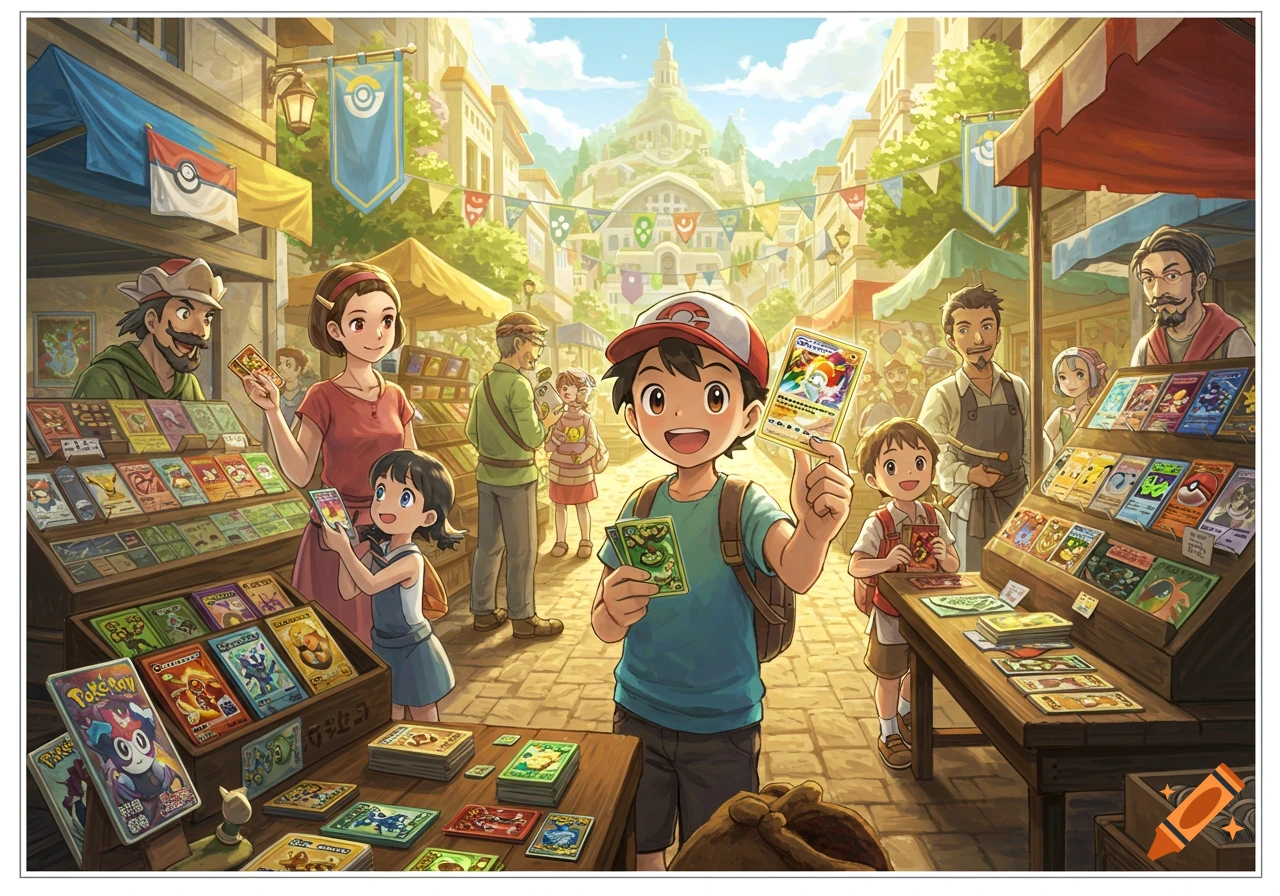 Lively anime market scene where people browse stalls filled with Pokémon cards. A boy in a red hat smiles, holding up a rare card.