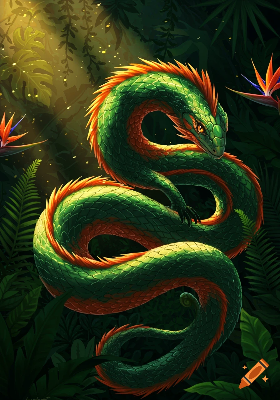 A stylized green and orange dragon-like creature coiled in a lush jungle, with sunbeams and tropical flowers. Vibrant illustration.