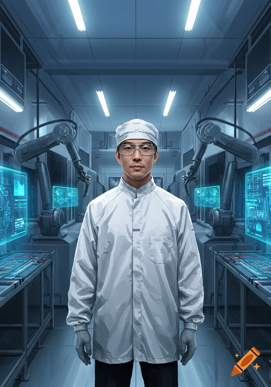 An Asian man in a white cleanroom suit and safety glasses stands in a futuristic industrial lab with robotic arms and glowing holographic screens.