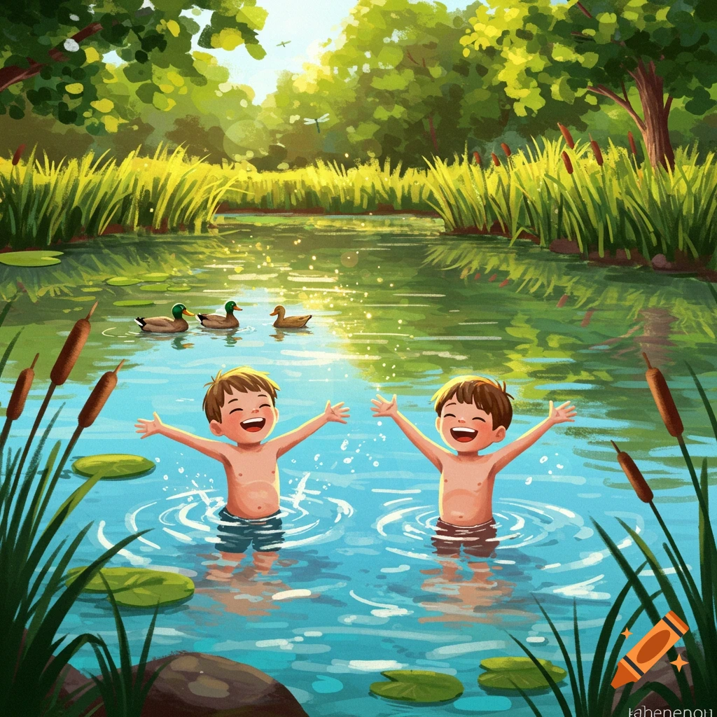 Two smiling boys joyfully splashing in a sunny pond with ducks and cattails, rendered in a vibrant illustration style.