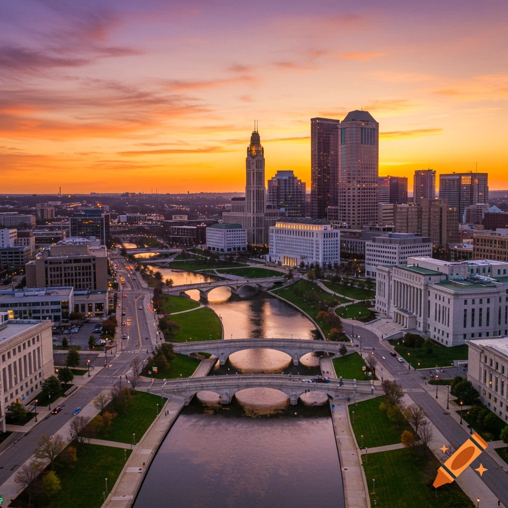 Aerial view of Columbus, Ohio cityscape with river and bridges at a vibrant orange and purple sunset.