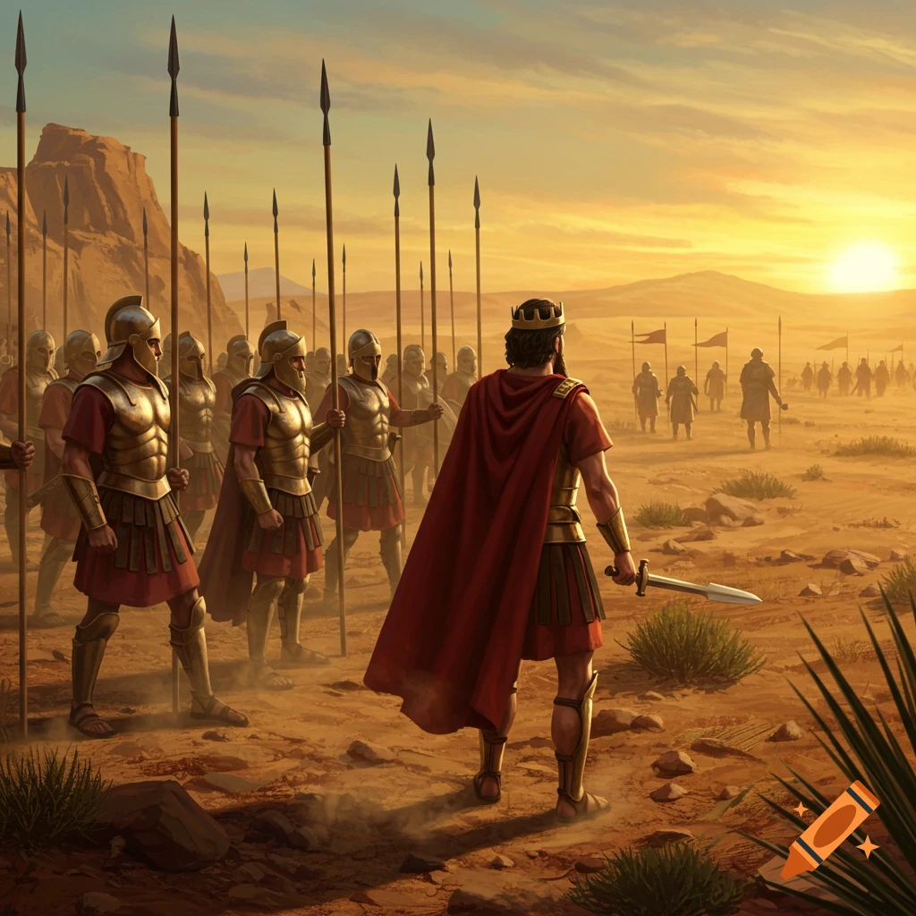 A king in a red cape and crown, holding a sword, leads an armored army across a desert towards another army at sunset.